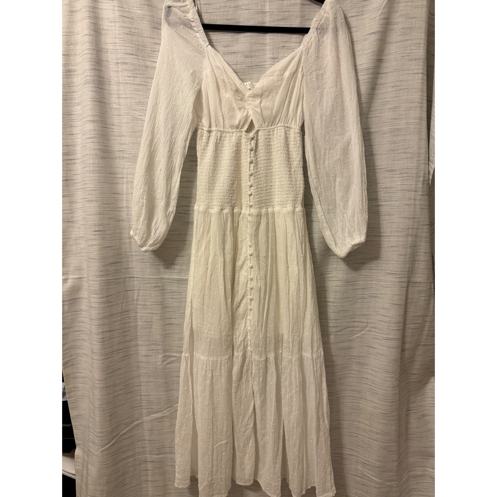 ASTR The Label White Swiss Dot Smocked Midi Dress Long Sleeve Cottagecore M